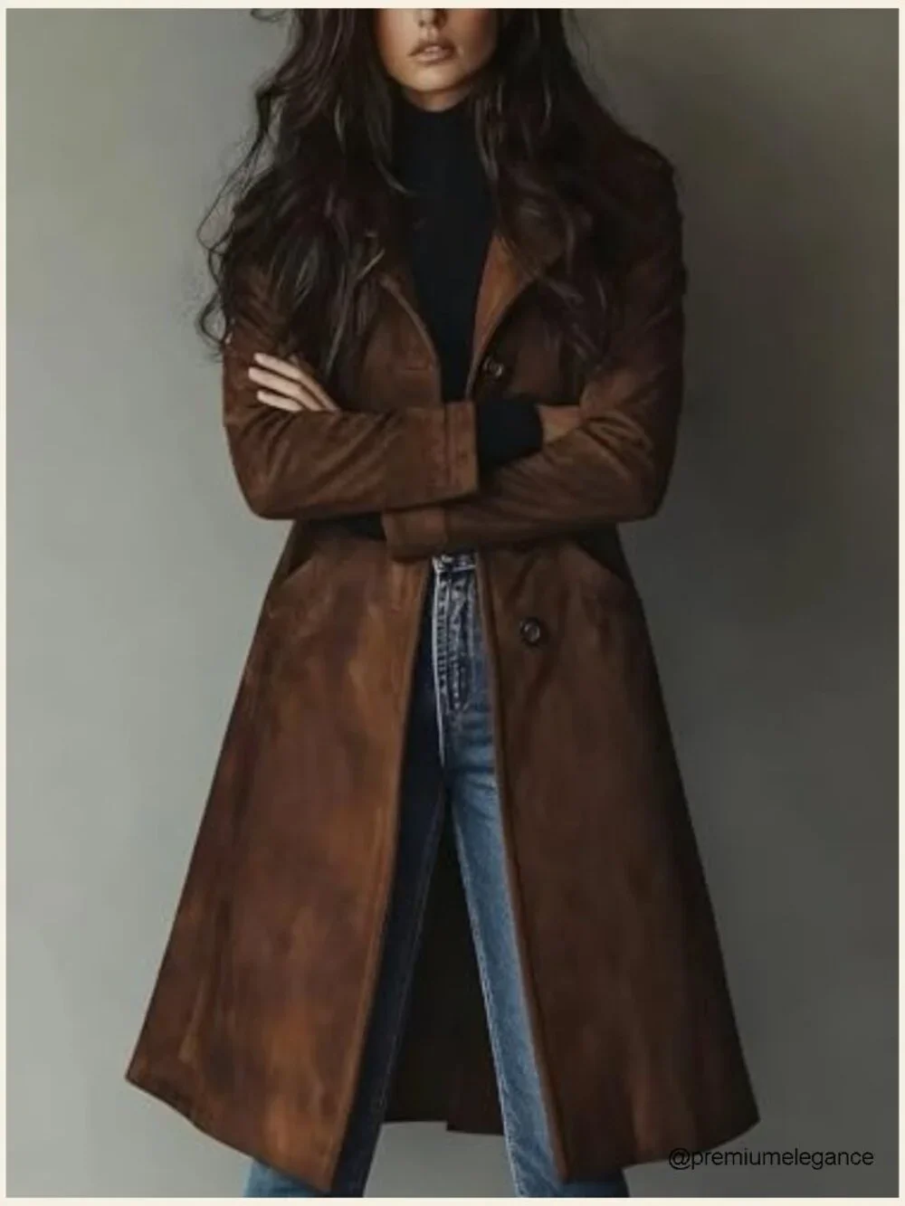 Long Suede Trench Coat Single Breasted Faux Leather Overcoat with Pockets - Picture 7 of 7